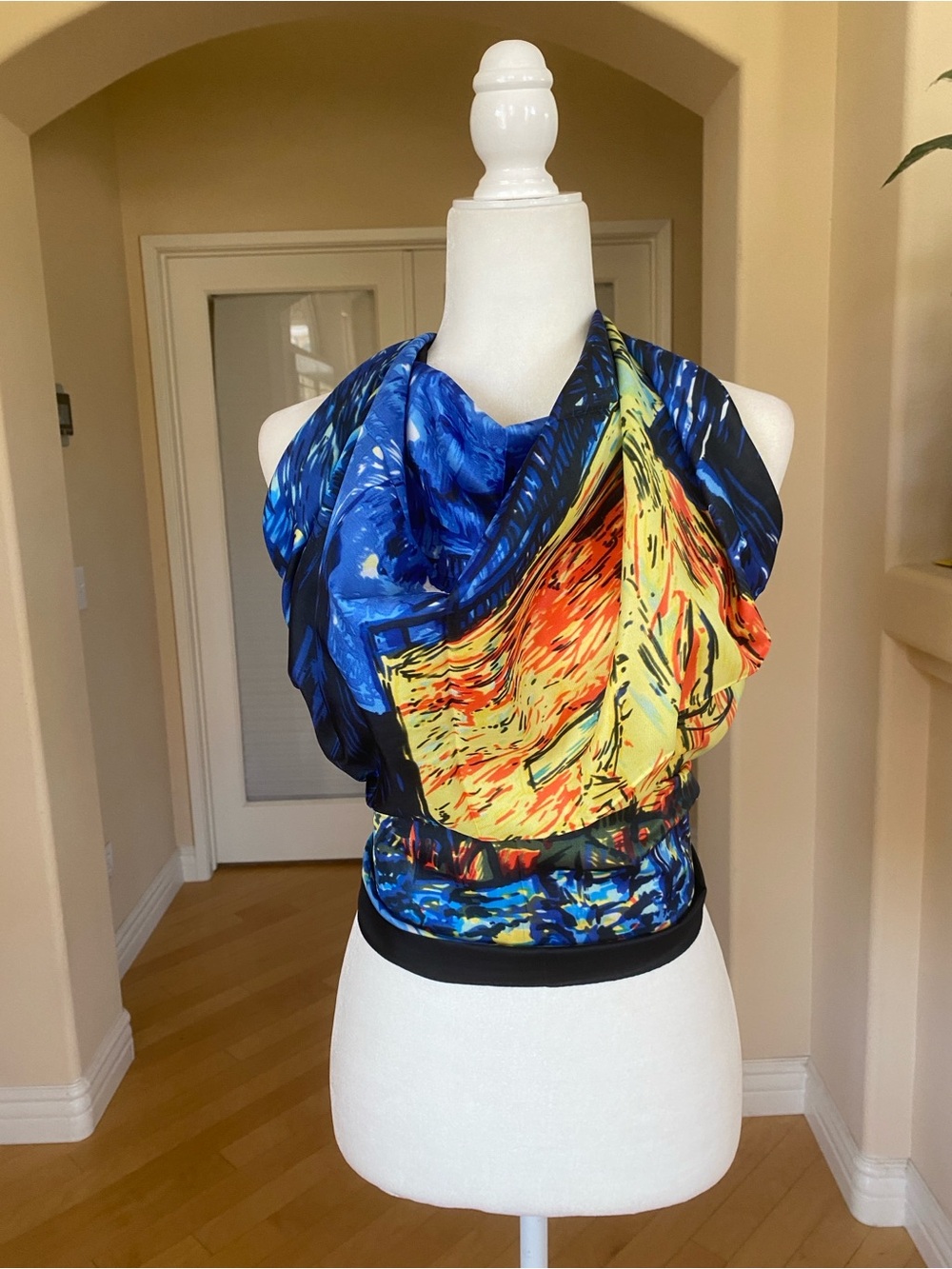 100% Silk Vibrant Abstract Print Scarf Wrap Top - Blue, Yellow, Orange